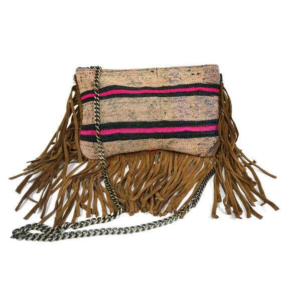 Moroccan Rug Bag, Suede Leather Fringe Tassel Purse Clutch - Picture 2 of 10